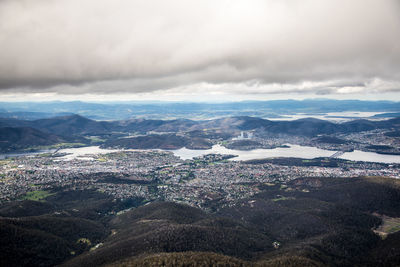 Aerial view of landscape and mountains against sky