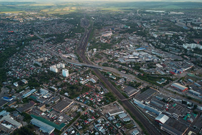 High angle view of road amidst buildings in city