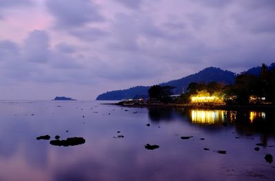 Scenic view of lake against sky at sunset