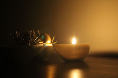 Close-up of illuminated candles on table