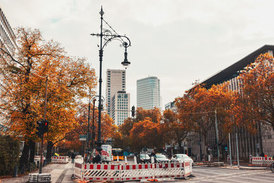 Cars on road by buildings against sky during autumn