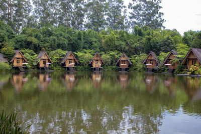 Scenic view of lake by trees and buildings