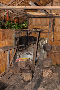 High angle view of wooden table in yard