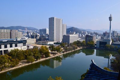 Reflection of cityscape and trees against clear blue sky