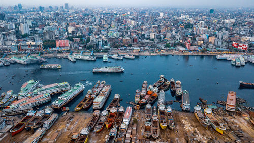 High angle view of cityscape at harbor