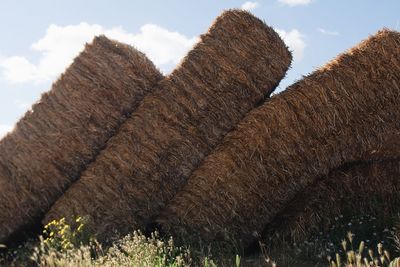 Stacks of hay bales against sky