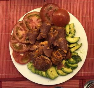 High angle view of meal served on table