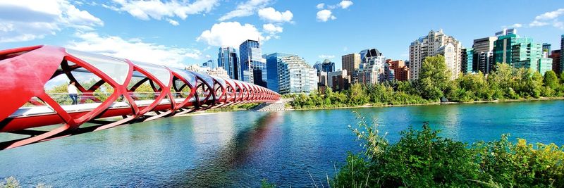 Panoramic view of bridge and buildings against sky