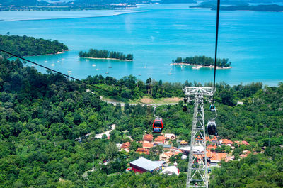 High angle view of trees by sea