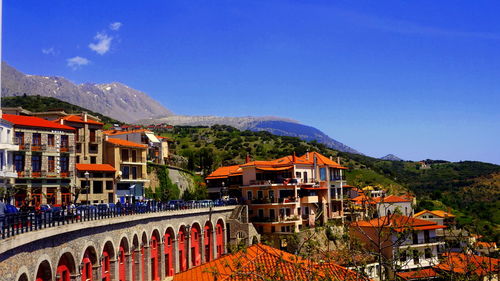 Buildings in town against clear blue sky