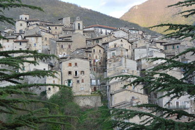 High angle view of old buildings in town