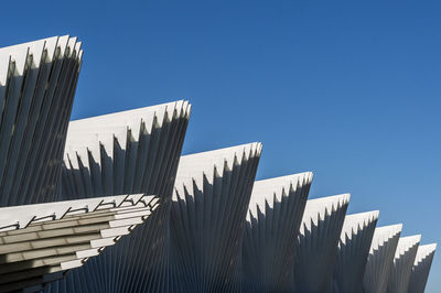 Low angle view of modern building against clear blue sky