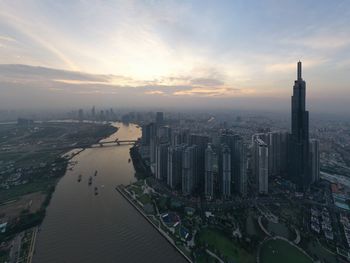 High angle view of ho chi minh city buildings during sunset