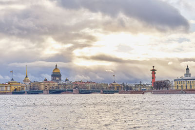 Cityscape of st. petersburg, russia. view of palace bridge, neva river, cathedral and other sights. 