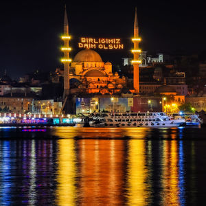 Illuminated buildings at waterfront