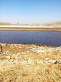 Scenic view of calm lake against clear sky