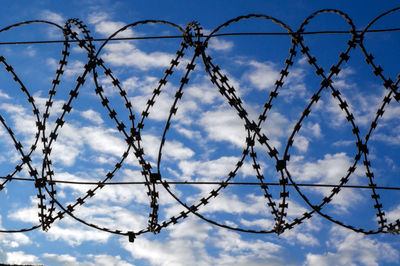 Low angle view of barbed wire against sky