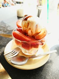 Close-up of ice cream in plate on table