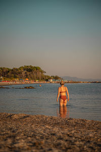 Rear view of shirtless man standing on beach against clear sky