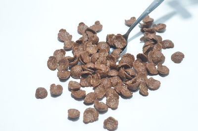 High angle view of coffee beans against white background
