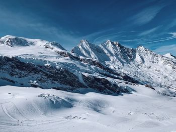 Scenic view of snow covered mountains against sky