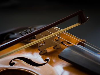 Close-up of violin on table