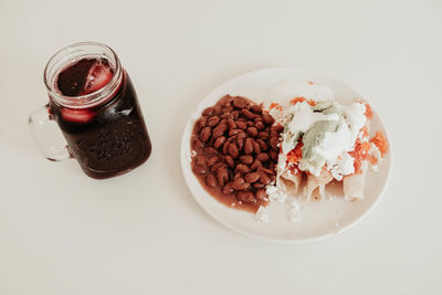 High angle view of breakfast on table against white background