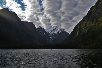 Scenic view of lake against cloudy sky