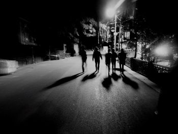 Silhouette people walking on illuminated street at night