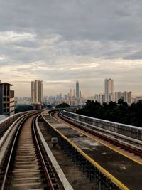 Railroad tracks in city against sky during sunset