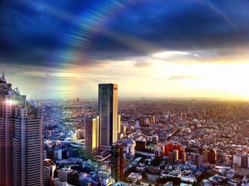 Aerial view of city at dusk