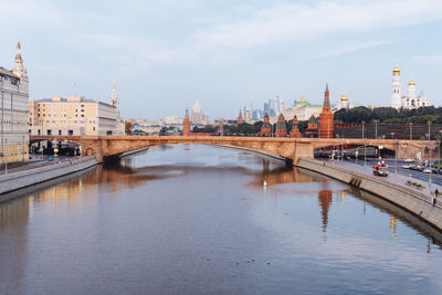 Bridge over river with buildings in background