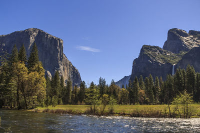 Scenic view of lake by trees against blue sky