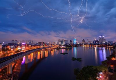 Illuminated city by river against sky at night