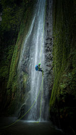 Rear view of man surfing in waterfall