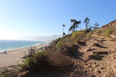 Scenic view of sea against clear blue sky