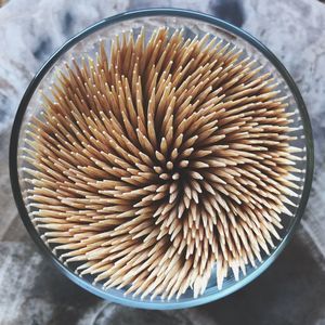 High angle view of toothpicks on table