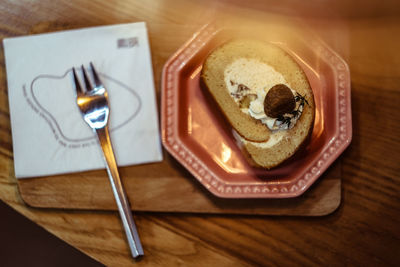 High angle view of breakfast served on table