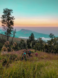 People riding on field against sky during sunset