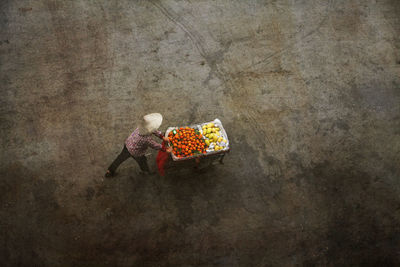 High angle view of fruits in basket on floor