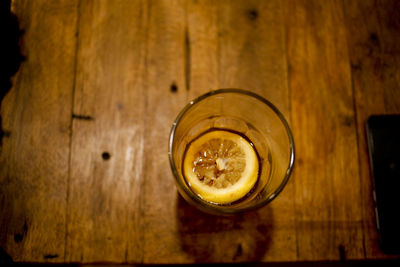 High angle view of drink on table