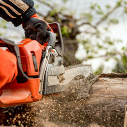 Cropped hand of man cutting timber