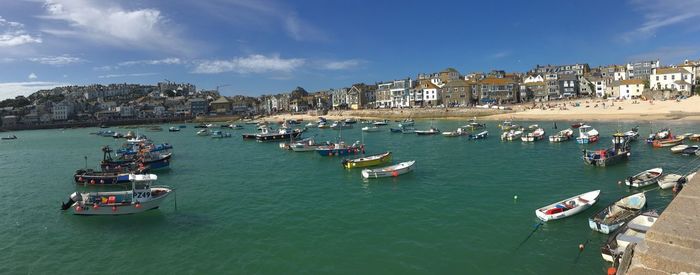 High angle view of people in sea against sky