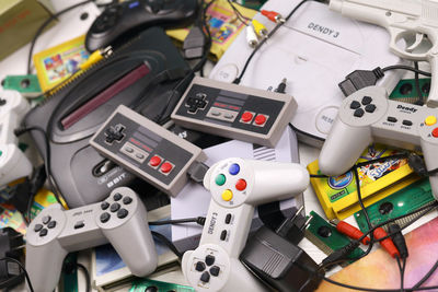 High angle view of toys on table