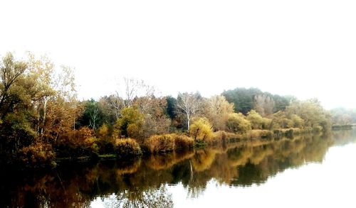 Reflection of trees in lake against clear sky