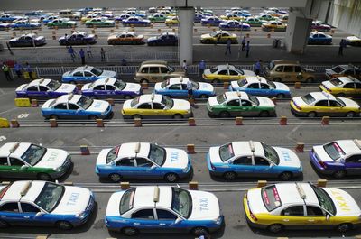 High angle view of taxis at stand