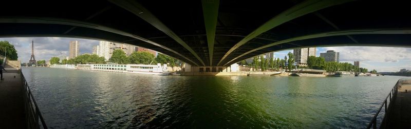 Bridge over river with city in background