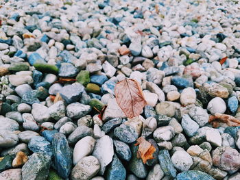High angle view of stones on pebbles