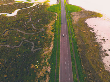 High angle view of road amidst field