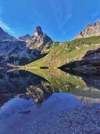 Scenic view of lake and mountains against blue sky